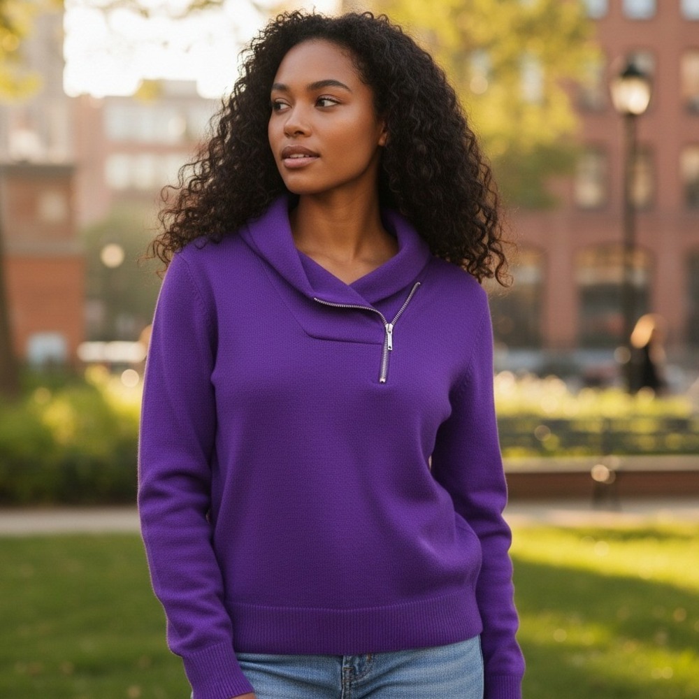 Lauren Ralph Lauren‎ Sweater Women Medium Purple Cotton Zipper Cowl Neck 1/4 Zip